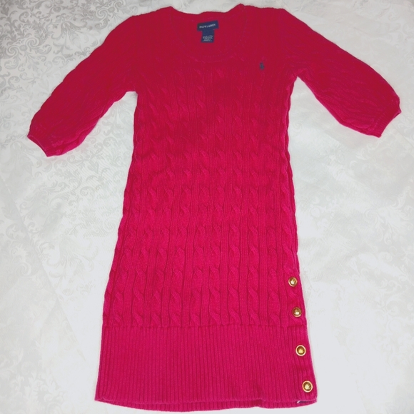 Ralph Lauren Girls' Sweater Dress Short Sleeve Cable Knit Fuchsia Pink Size M - Picture 1 of 7